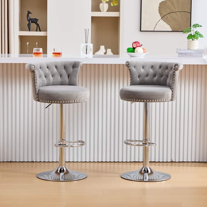 Velvet Bar Stools Grey Button Tufted Nailhead Chrome Pedestal Base