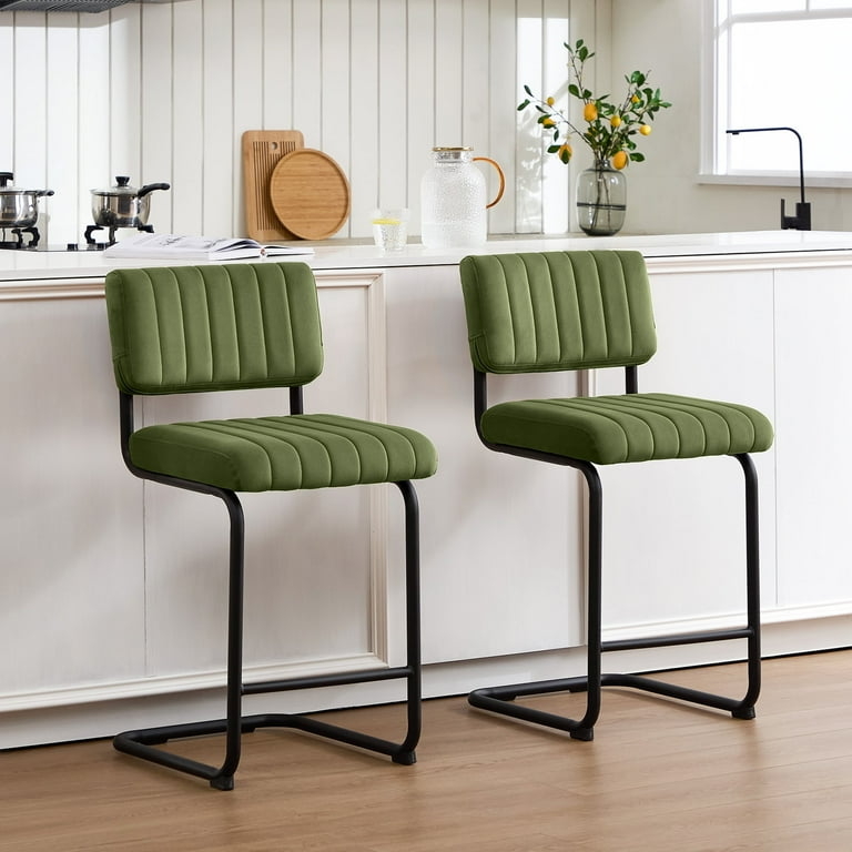Velvet Counter Stool Vertical Ribbing Sled Base Metal Frame