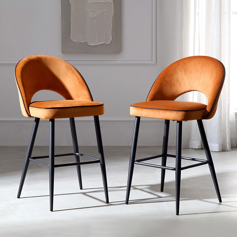 Velvet Counter Stools Set of 2, Cutout Back, Contrast Piping