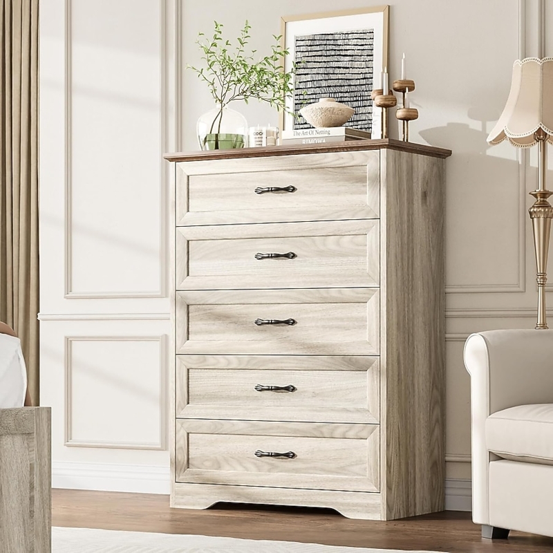 Vertical 5-Drawer Dresser with Wide Metal Handles and Two-Tone Finish