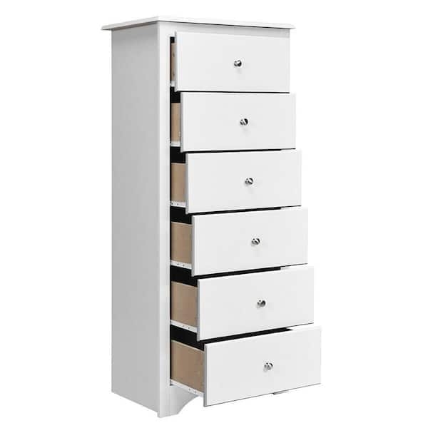 Vertical Chest of Drawers, Recessed Base, Six Stacked Drawers, Tall White
