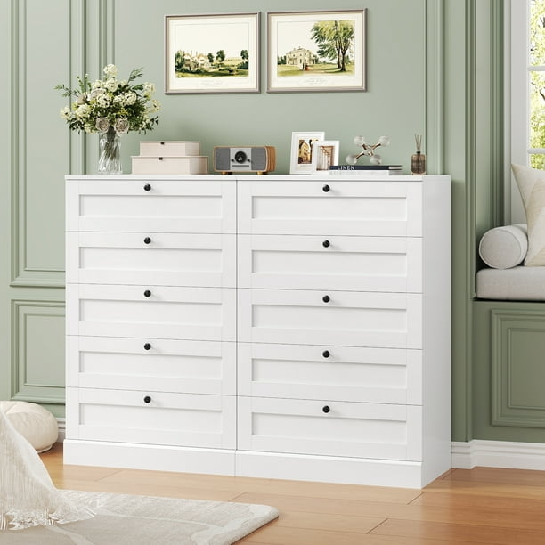 Vertical Two-Piece Dresser Set in White with Ten Drawers