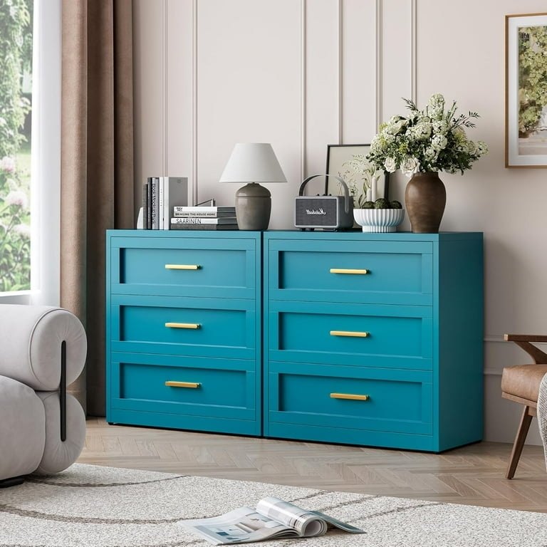 Vibrant Teal Metal Dresser Set Gold Bar Pulls Modern Glam