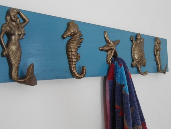 Wall Coat Rack Bronze Sea Creature Hooks Distressed Blue Board