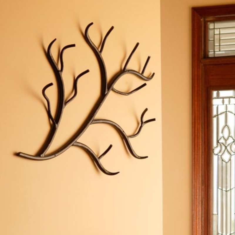 Wall Coat Rack, Rustic Branch Silhouette, Dark Bronze Metal Hooks.