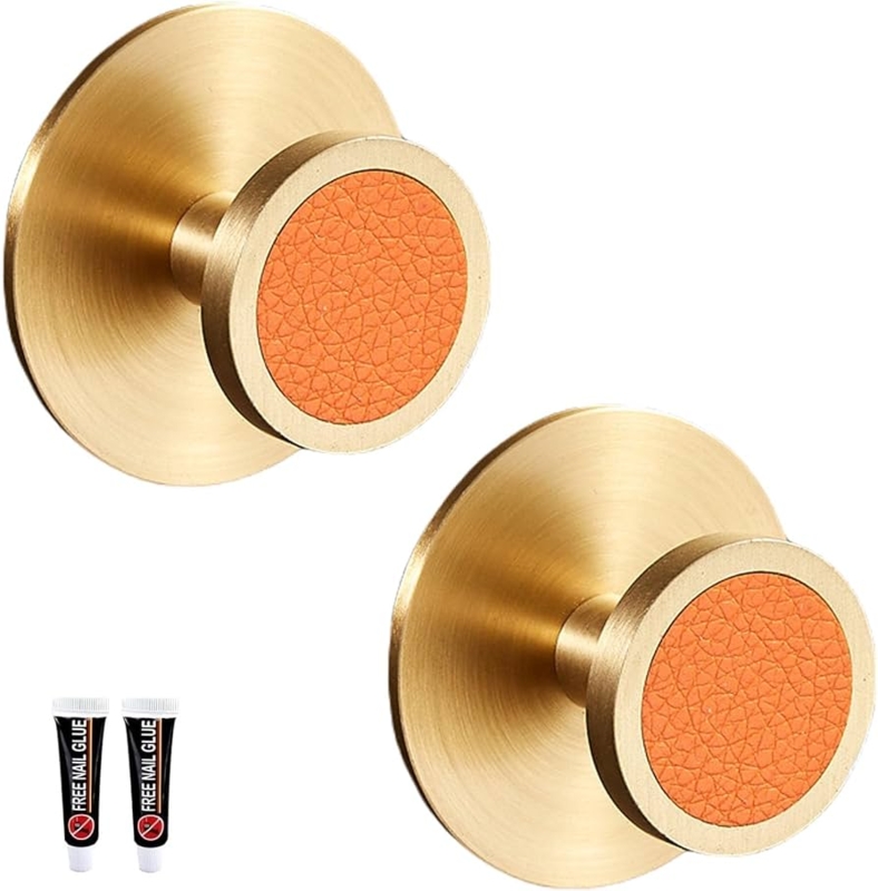 Wall Hook Brushed Brass Round with Orange Textured Insert Adhesive