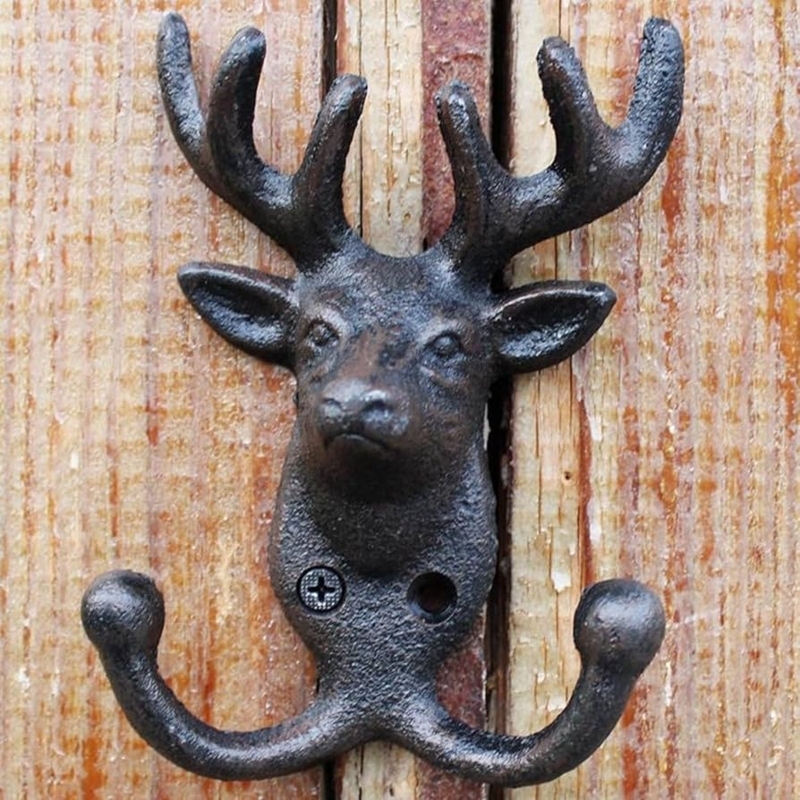 Wall Hook Cast Iron Deer Head Sculpture Dual Prong Rustic Lodge