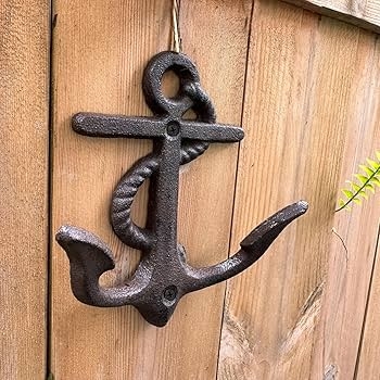 Wall Hook, Distressed Bronze Anchor Shape with Molded Rope Detail