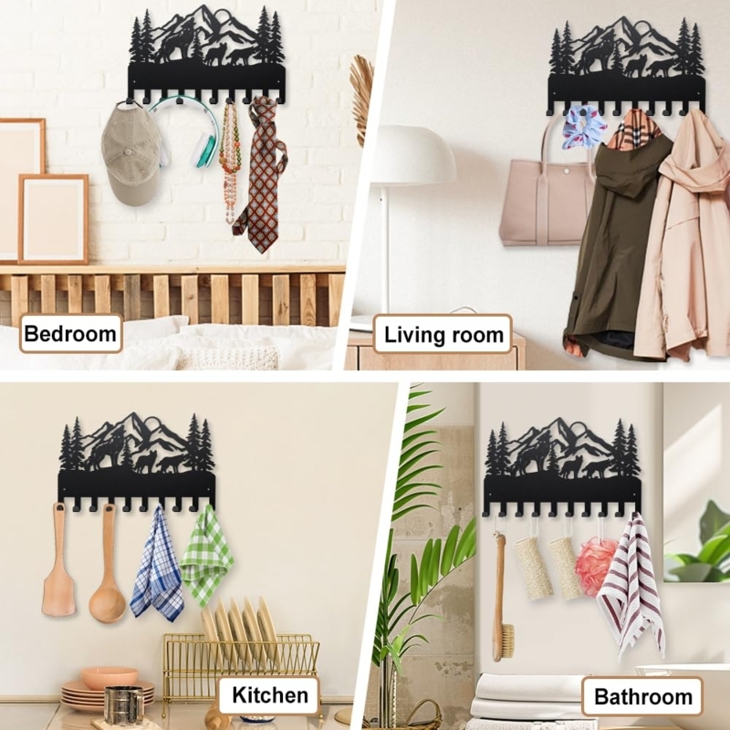 Wall Hook Rack Black Metal Wildlife Silhouette Wolf Design Ten Hooks