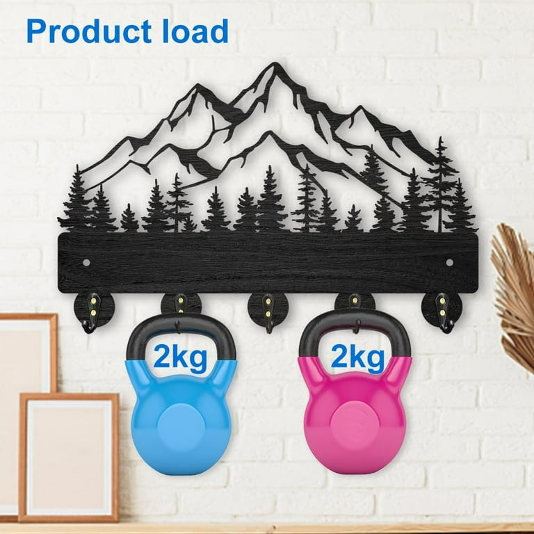 Wall Hook Rack Black Mountain Silhouette Wood Toned Bar Alloy Hooks