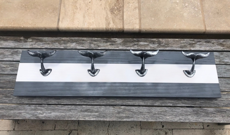Wall Hook Rack, Charcoal Gray Stripes with Whale Tail Hooks
