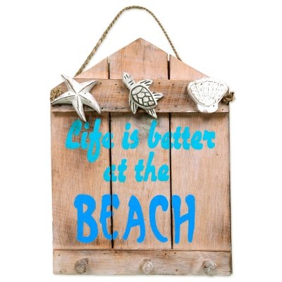 Wall Hook Rack Cyan Lettering "Life is Better at the Beach" Rope