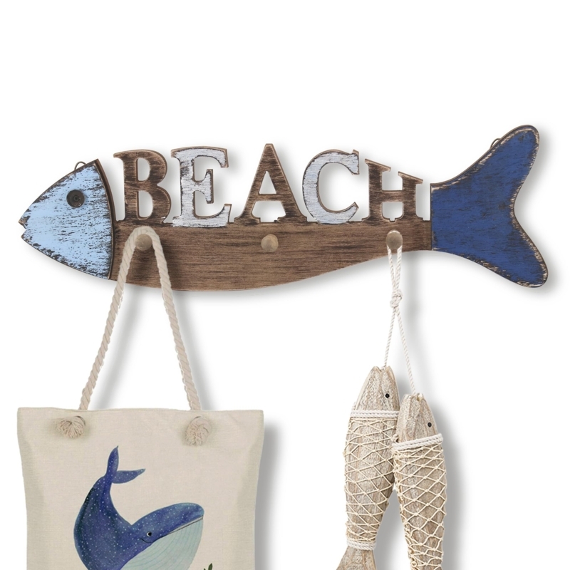 Wall Hook Rack Fish Shape "BEACH" Cutout Peg Hooks Coastal