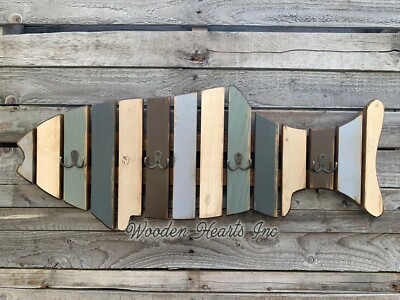 Wall Hook Rack, Fish Silhouette, Multi Toned Slats, Reclaimed Wood Look.