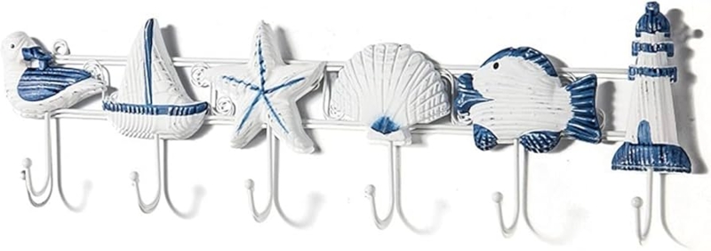 Wall Hook Rack Nautical Motifs Blue & White 6 Double Hooks