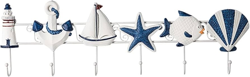 Wall Hook Rack Navy Blue & White Coastal Icons 6 Hooks Matte