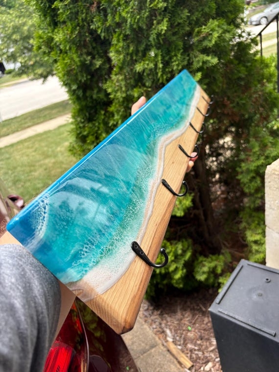Wall Hook Rack, Resin Ocean Art, Beach Wave Design, Ocean Wave Resin Coat Rack.