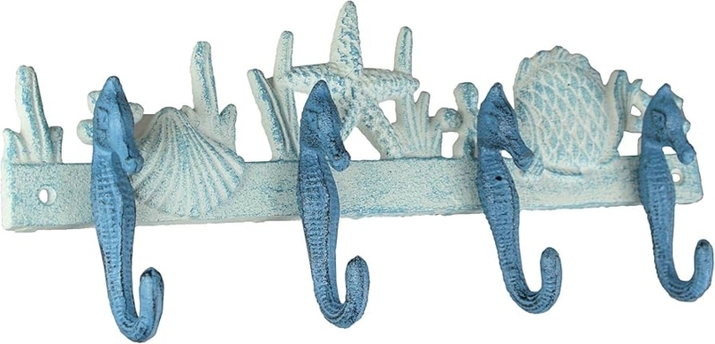 Wall Hook Rack, Seahorse Shape, Distressed Teal Finish, Coastal Seahorse Wall Hook.