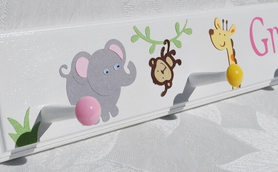 Wall Hook Rack White Jungle Animal Motifs Colored Peg Caps Playful