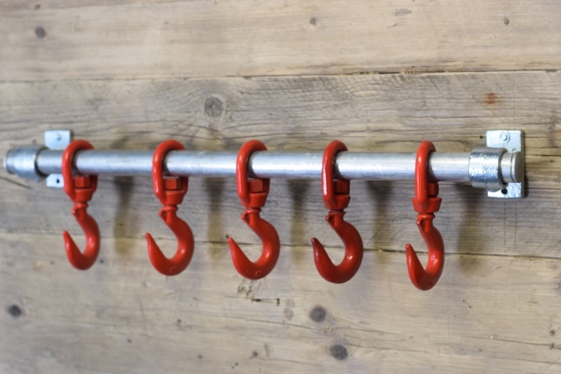 Wall Hook Rack with Industrial Pipe and Bright Red Oversized Repurposed Hooks