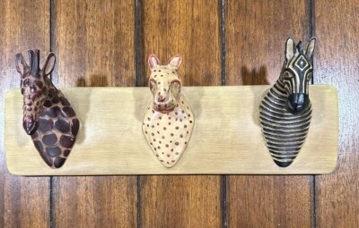 Wall Hook Sculpted Animal Heads Safari Motifs Wood Toned Base