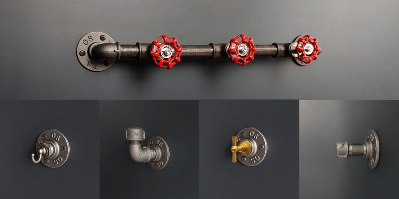 Wall Hook Steampunk Industrial Plumbing Parts with Red Valve Handles