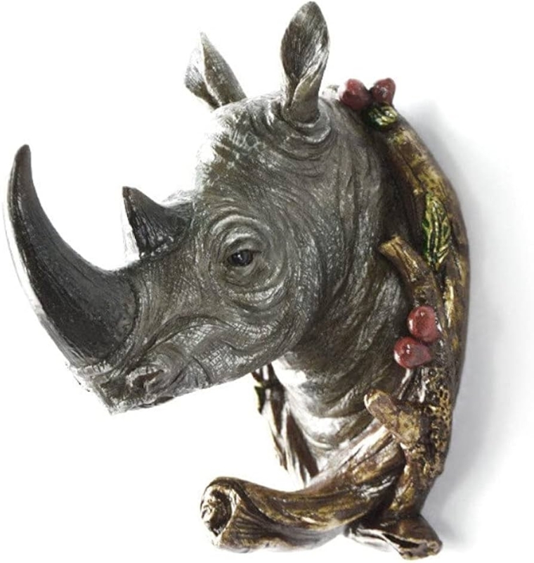 Wall Hook Textured Rhino Head Design Branch Accents Rustic Grey