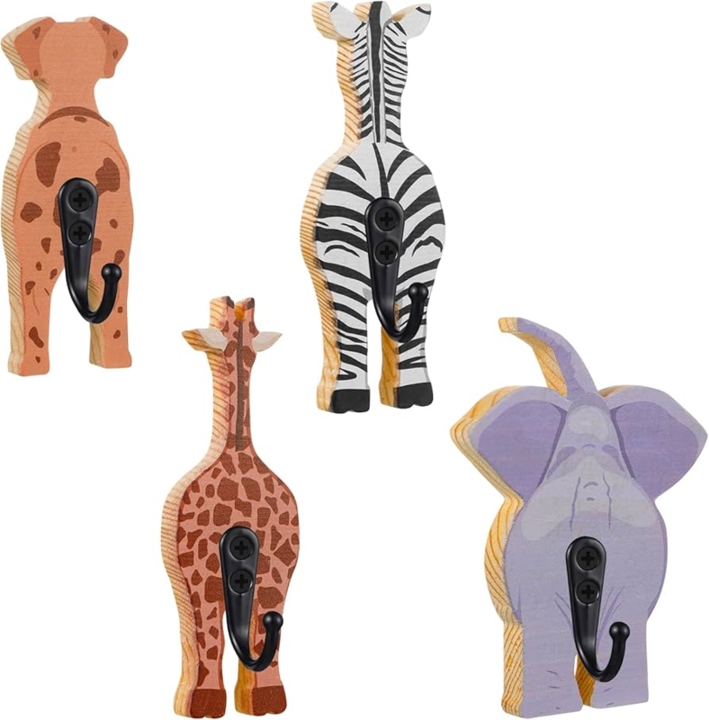 Wall Hook Wooden Safari Animal Backside Design Printed Whimsical