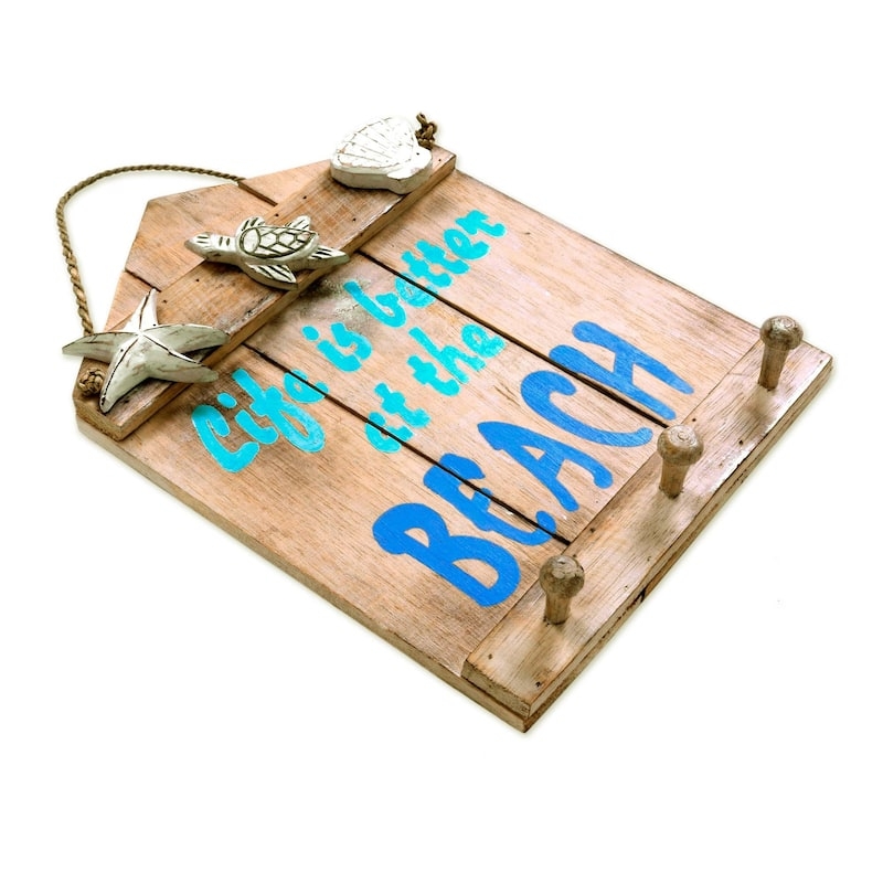 Wall Hooks, Distressed Wood, Nautical 3D Accents, Teal Typography.