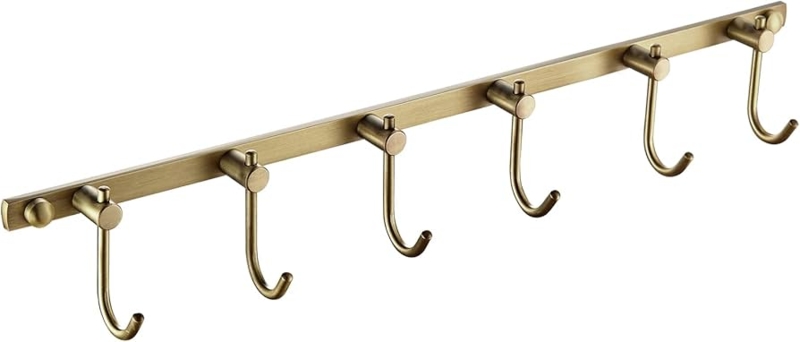 Wall Hooks Rack Brushed Brass Six J-Hooks Traditional Style