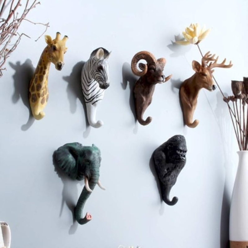 Wall Hooks Resin Safari Animal Head Design Matte Textured Whimsical