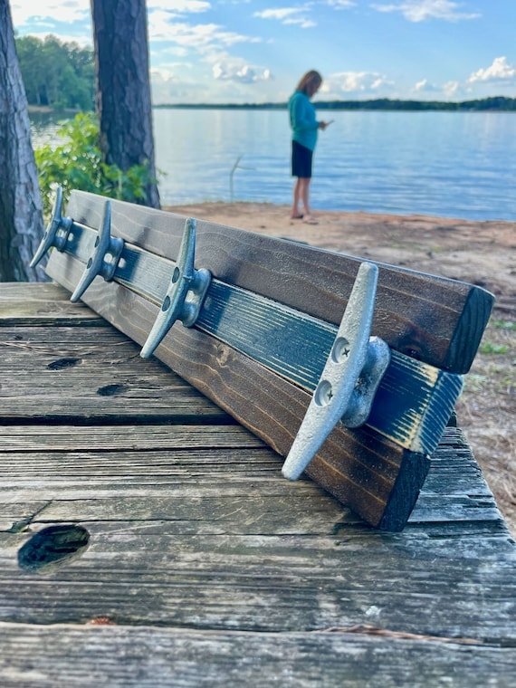 Wall Hooks, Walnut Brown Wood and Distressed Blue Stripe Cleat Rack