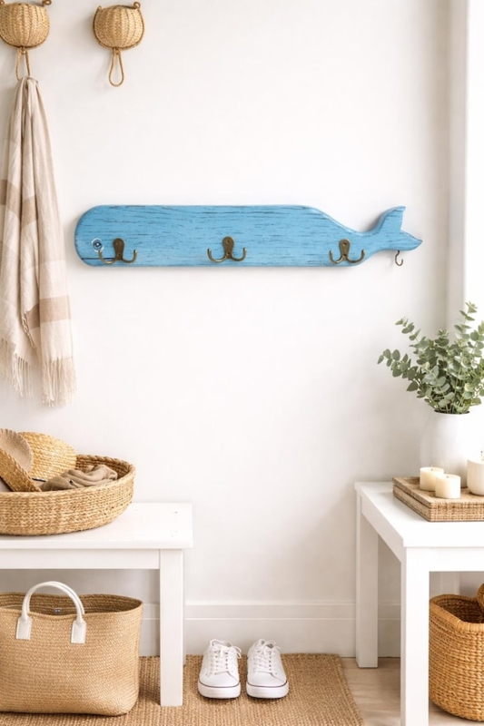 Wall Hooks Whale Silhouette Distressed Blue Finish Beach House