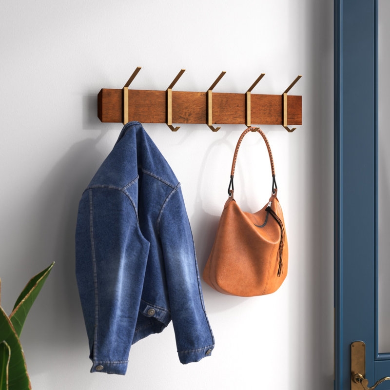 Wall Mounted Coat Rack, Angled Gold Hooks, Mid-Century Modern Wood Base.