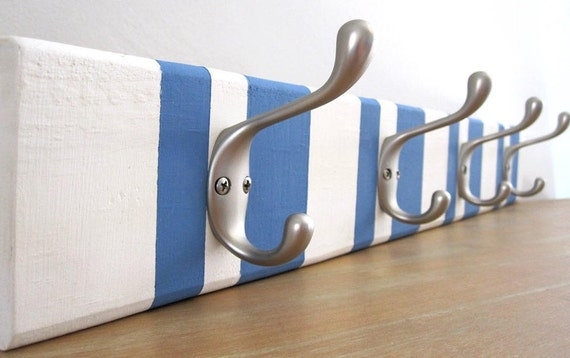 Wall Mounted Coat Rack Blue & White Stripes Silver Double Hooks