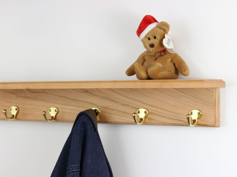 Wall Mounted Coat Rack Cherry Tone with Polished Brass Hooks
