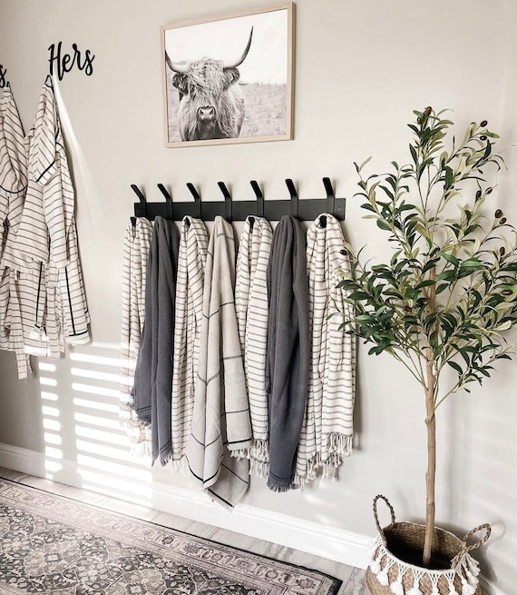 Wall Mounted Coat Rack, Dark Angled Hook Rail, Minimalist Metal.