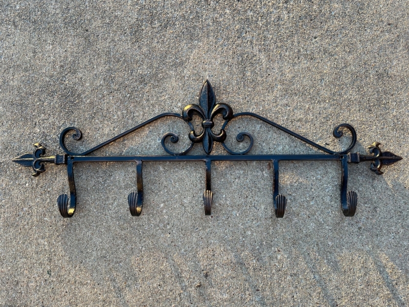Wall Mounted Coat Rack Dark Metal Fleur De Lis Finials Ribbed Tips
