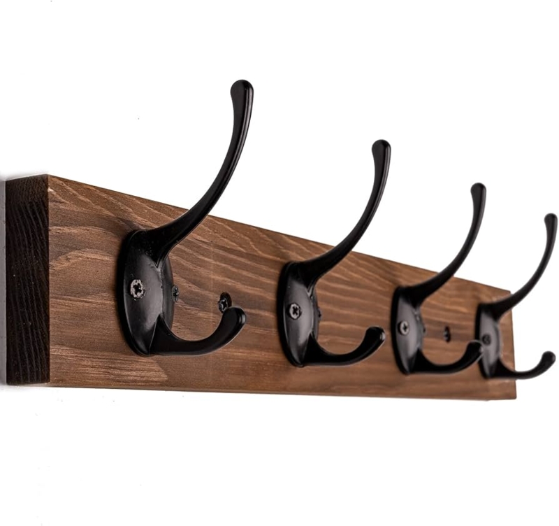 Wall Mounted Coat Rack Dark Wood Grain Matte Black Dual Prong Hooks