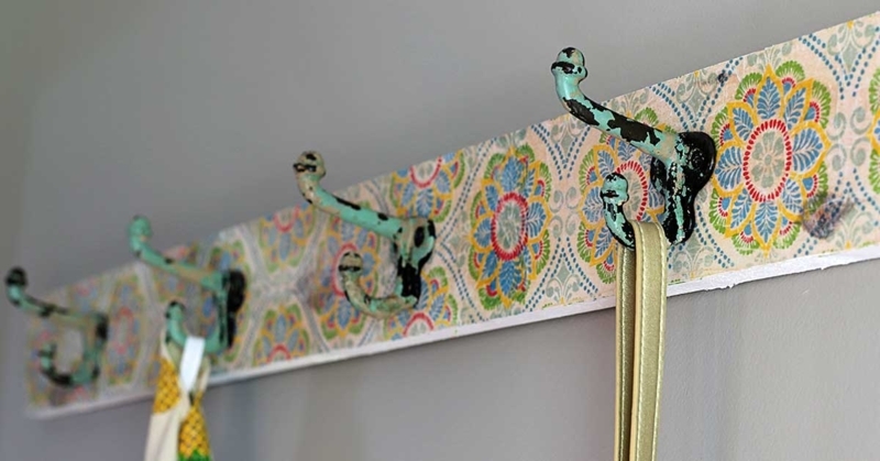 Wall Mounted Coat Rack Distressed Turquoise Hooks Floral Pattern Boho