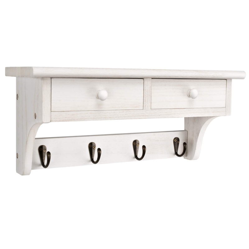 Wall Mounted Coat Rack, Dual Storage Drawers, Dark Metal Hooks