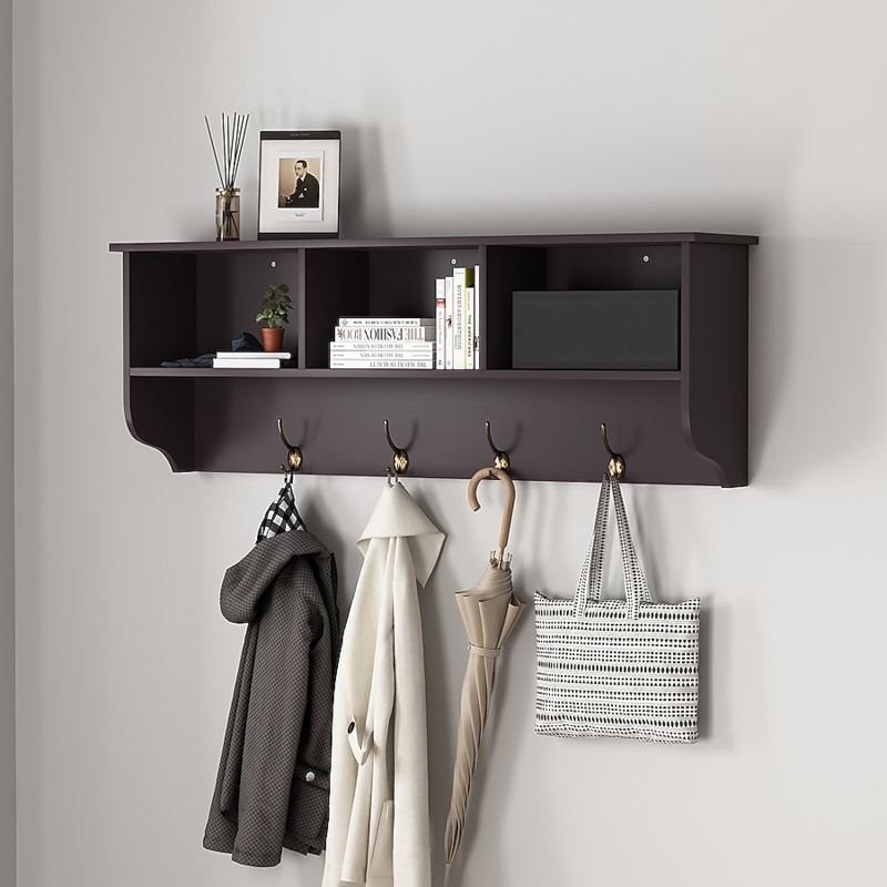 Wall Mounted Coat Rack Espresso Finish Brass Hooks Cubby Storage