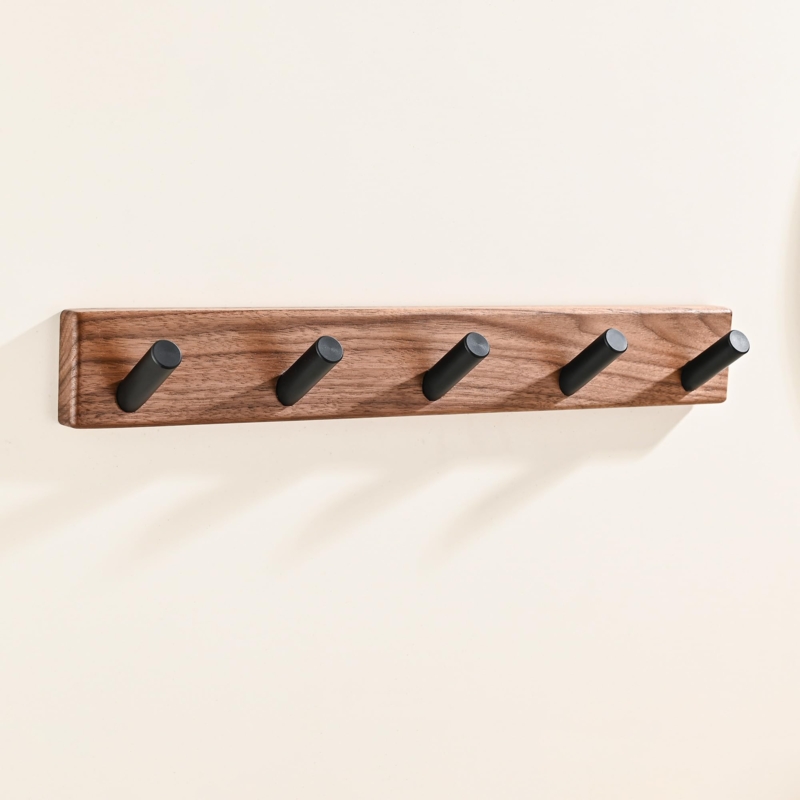 Wall Mounted Coat Rack, Five Angled Contrast Pegs, Minimalist Wood Rail.