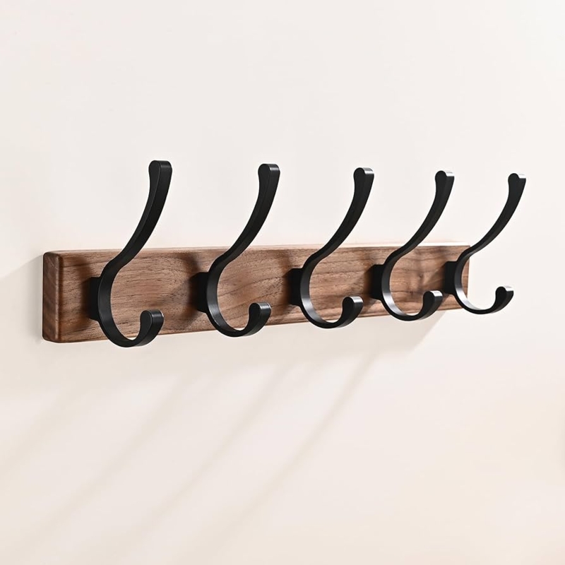 Wall Mounted Coat Rack, Five Metal Scroll Hooks, Wood Toned Rail.