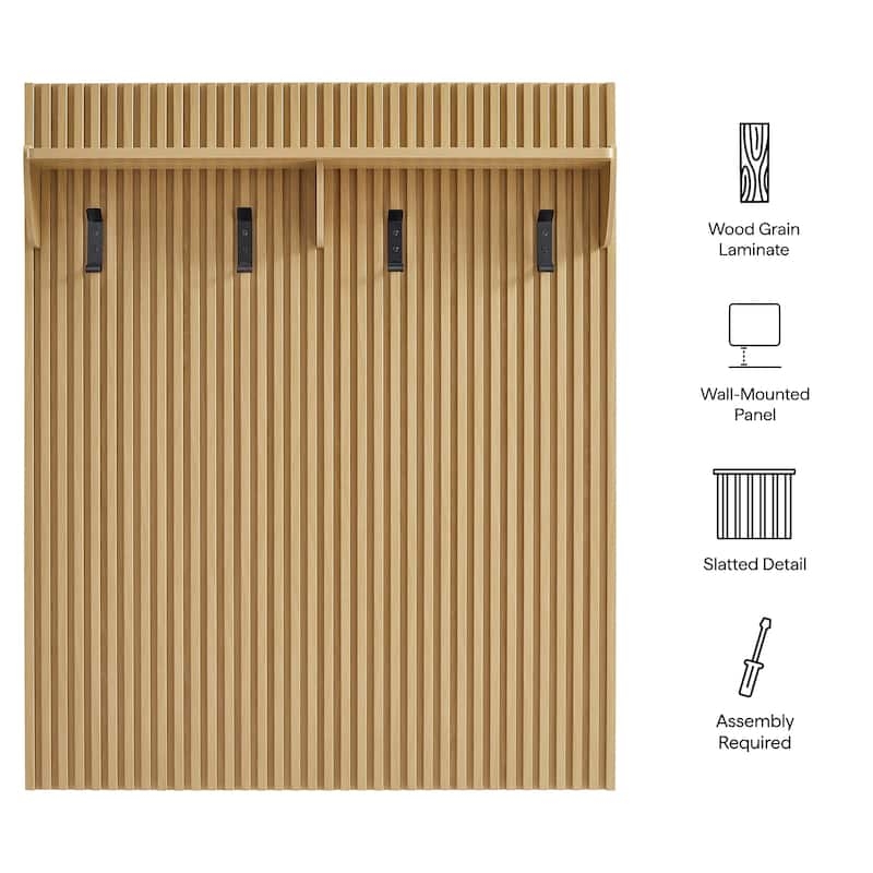 Wall Mounted Coat Rack Fluted Paneling Light Oak Shelf