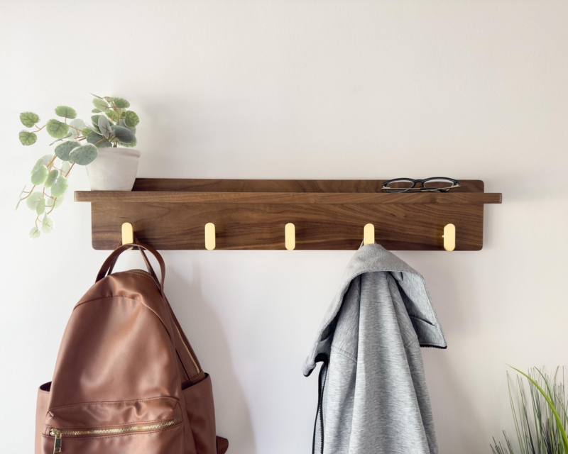 Wall Mounted Coat Rack Gold Toned Hooks Integrated Shelf Wood Toned