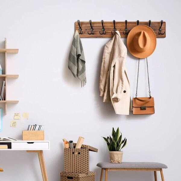 Wall Mounted Coat Rack Heavy Duty Design Eight Triple Hooks Warm Wood