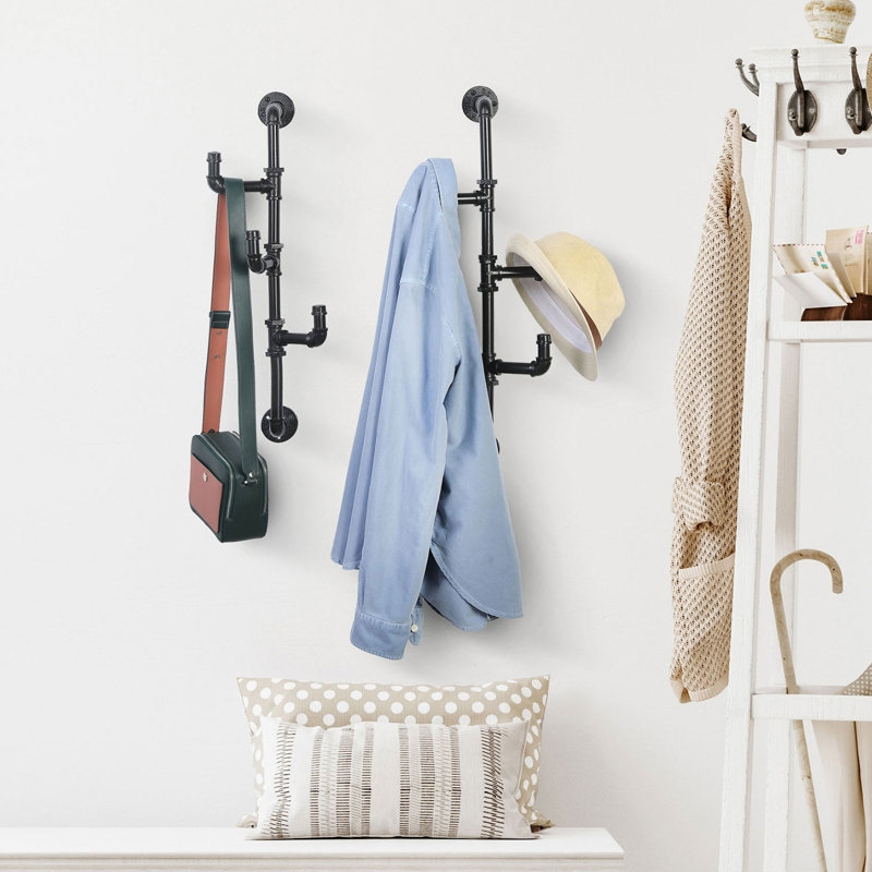 Wall Mounted Coat Rack Industrial Metal Pipe Staggered Hooks