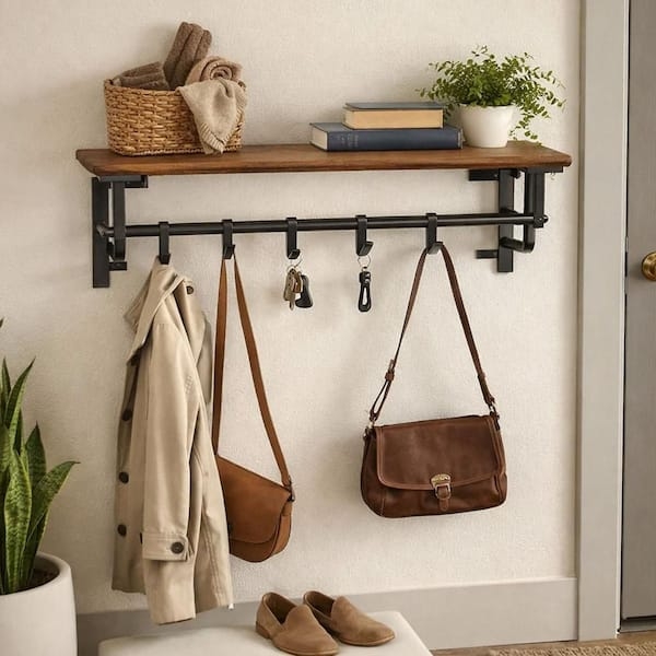 Wall Mounted Coat Rack Industrial Wood Metal Integrated Shelf Brown