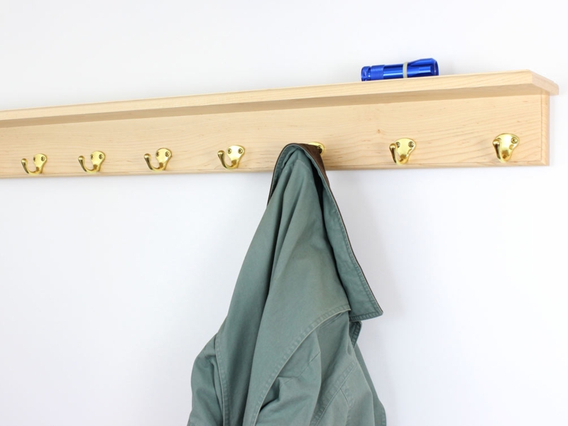 Wall Mounted Coat Rack Light Wood Finish with Brass Hooks
